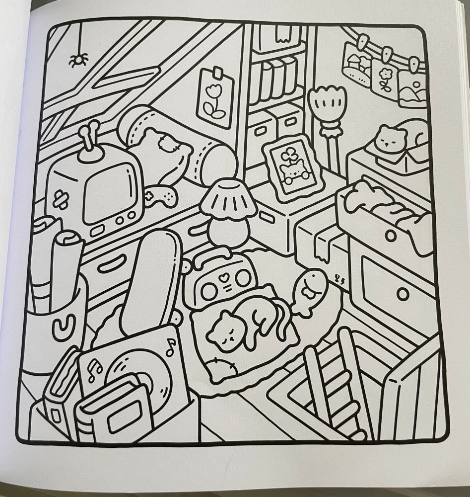Another isometric room, this time an uncolored page of a coloring book with a cat, tv, and attic clutter. 