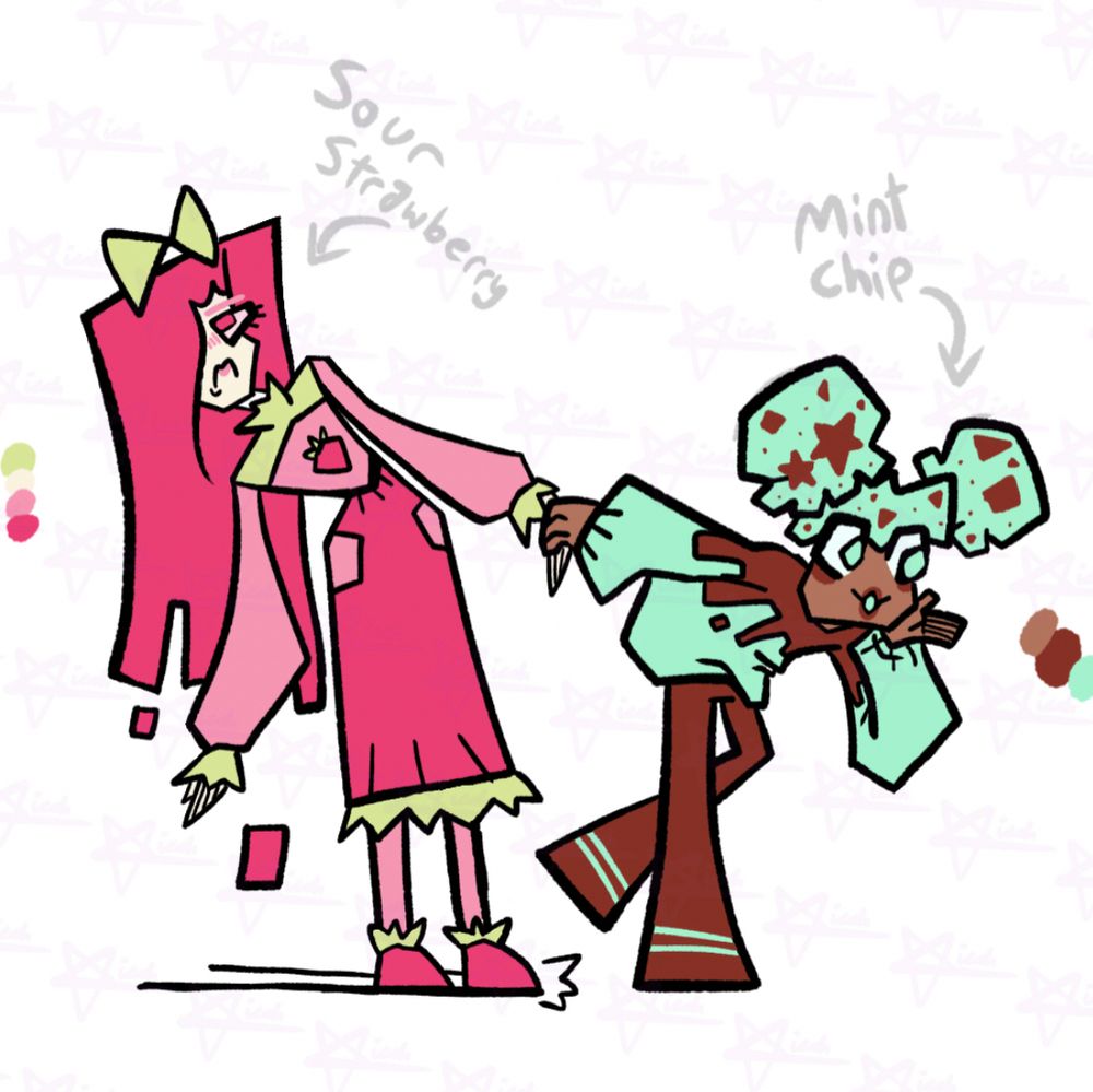 Two cartoon girls, both themed around different flavours of ice cream. On the left, labelled Sour Strawberry, is a girl dressed in pinks and pastel green. Her long strawberry hair is melting and dripping along the floor behind her. She has an annoyed expression and is being dragged along by by the girl on the right - who is labelled Mint Chip. Mint Chip is dressed in pastel greens and chocolate browns, and her hair resembles two mint chocolate ice cream scoops. Mint Chip's expression is curious and excited as she drags her uninterested friend behind her.
