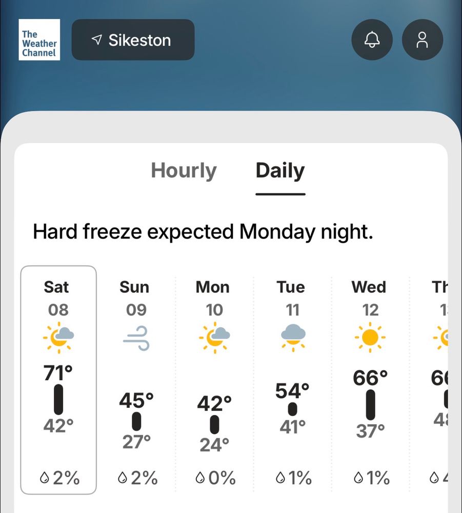 Daily weather forecast show a high of 71 degrees Fahrenheit on Saturday November 8 and a high of 45 degrees on Sunday November 9. Monday shows a high of 42, Tuesday 54 and Wednesday 66. 