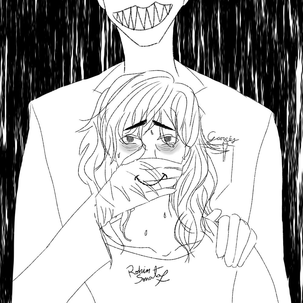 Desenho em preto e branco de dois homens. Um tem cabelos longos e está usando uma camisola hospitalar, os olhos com olheiras profundas e parecendo prestes a chorar. O outro é tão alto que seu rosto não é visível, vestindo um jaleco de médico e cobrindo a boca do primeiro com uma mão enluvada. Há um sorriso desenhado na luva, dando a impressão de que o primeiro homem está sorrindo.