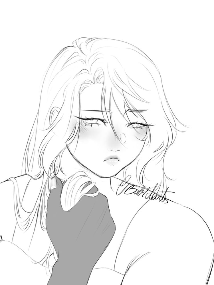 Rascunho de uma moça branca e gorda, de cabelos ondulados que chegam até as costas, rosto redondo e olhos de cílios longos. Uma mão de pele mais escura brinca com seu cabelo, o rosto da moça corando de vergonha.