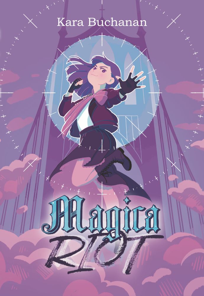 The cover artwork of the novel "Magica Riot" by artist Amber Dill, showcasing protagonist Claire in her purple & black magical girl costume in front of the silhouette of the St. Johns Bridge in Portland, Oregon.