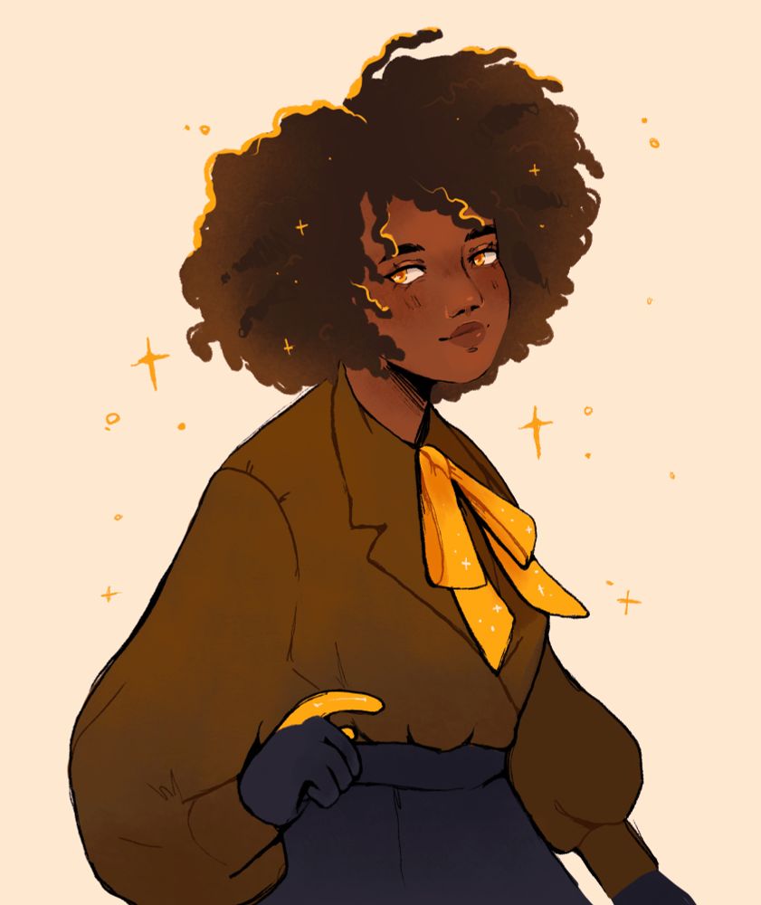 Artwork of Cass, the lead guitar playing magical girl from the novel Magica Riot. She is a young Black woman in a dark yellow jacket, black skirt, yellow bow, and black gloves with yellow fingers. She has black twist out hair with yellow highlights and sparkles, and golden yellow eyes.