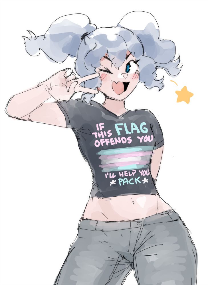 Artwork of Nova, a trans magical girl, from the novel “Magica Riot.” She has pale blue hair in fluffy twintails and blue eyes, and is wearing jeans and a black shirt with the trans pride flag on it along with writing that says “If this flag offends you, I’ll help you pack.” She is posing with her hand up by her eye in a sideways peace sign while winking