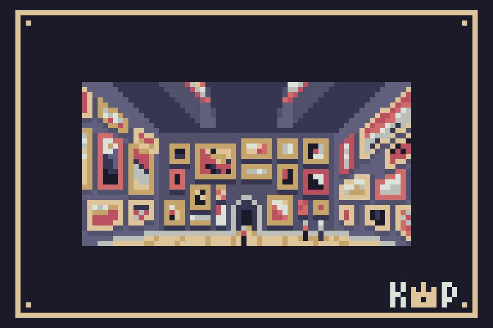 A pixel art image of a gallery in a baroque society. Framed paintings are covering every surface of wall