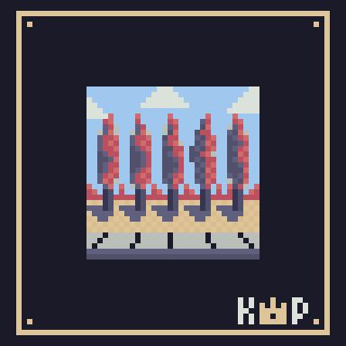 5 red trees line a street in a pixel art style
