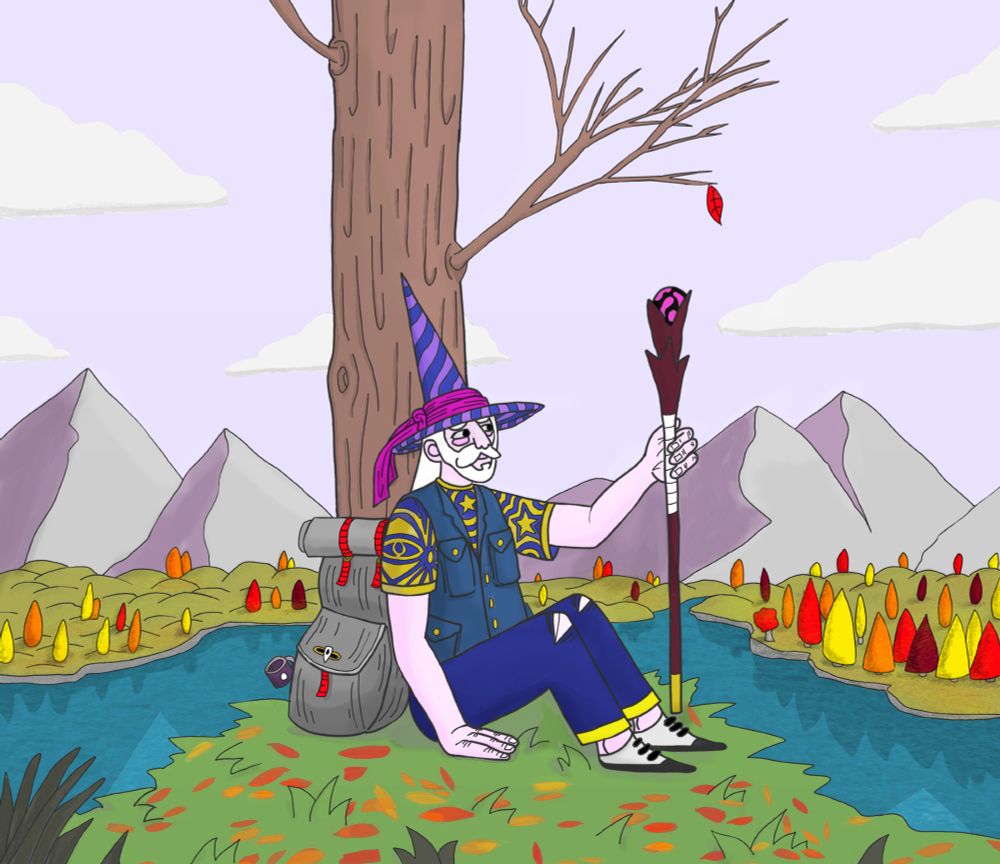 A wizard sits under a tree in the fall. The mountains, river, and small forest far behind him have trees turning yellow, red, and orange. 