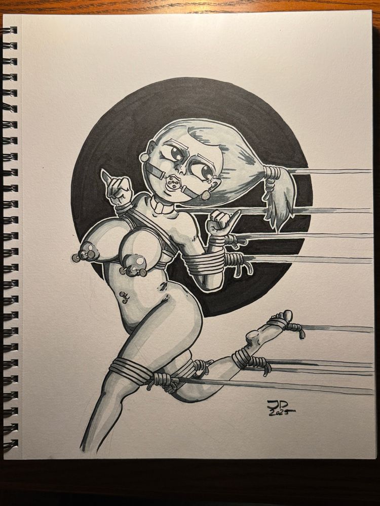 Shibari, naked woman, piercing, drawing