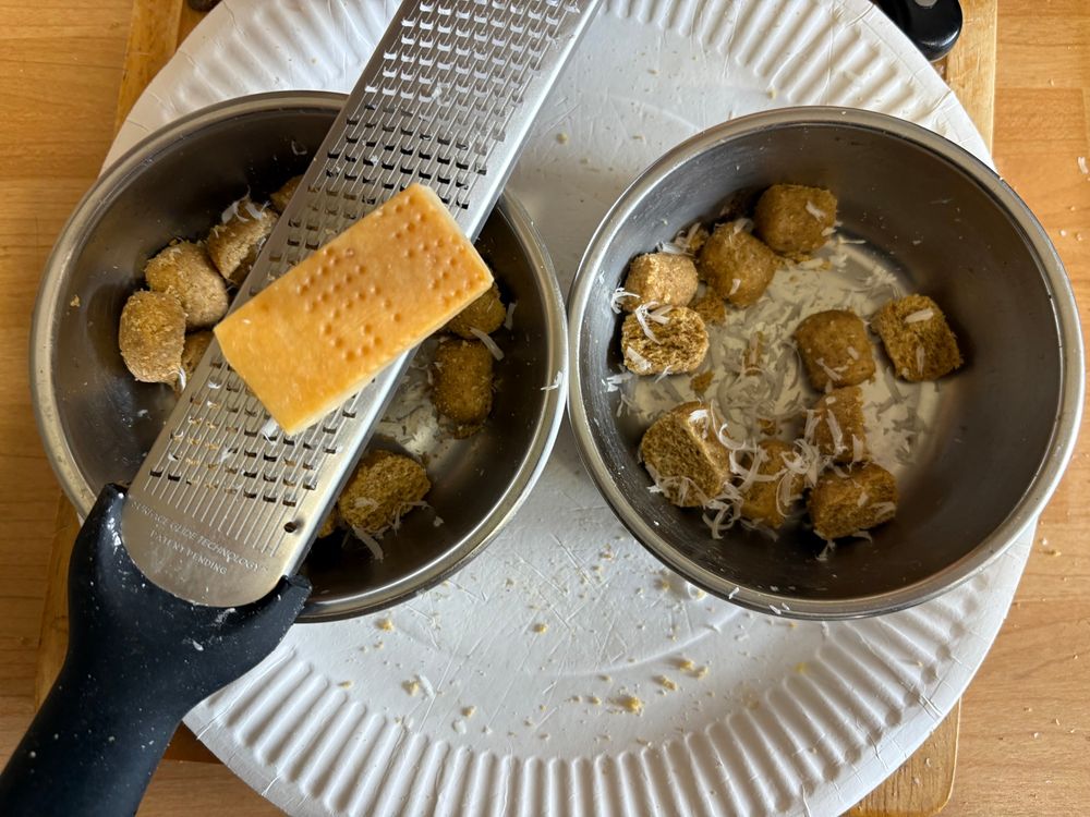 Two steel bowls with large chunks of hard dog kibble with Parmesan cheese scattered over them, and a grater over one with a chunk of Parmesan resting on it.