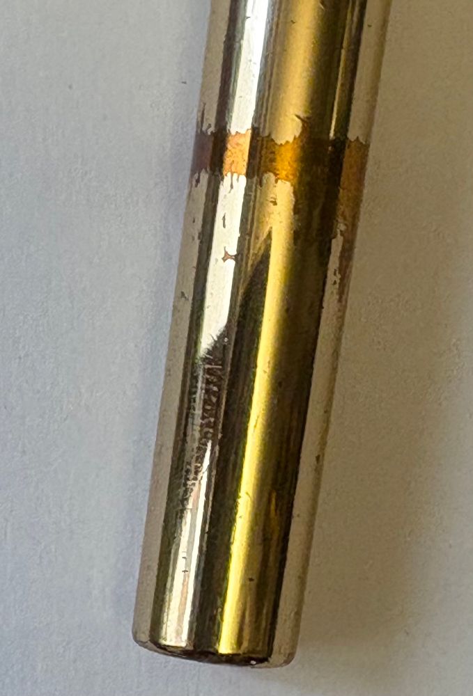 The barrel of the Targa, the finish marred by an unknown problem — probably some sort of ink leak into the cap, which then dried and perhaps stuck to the barrel and marred the finish.