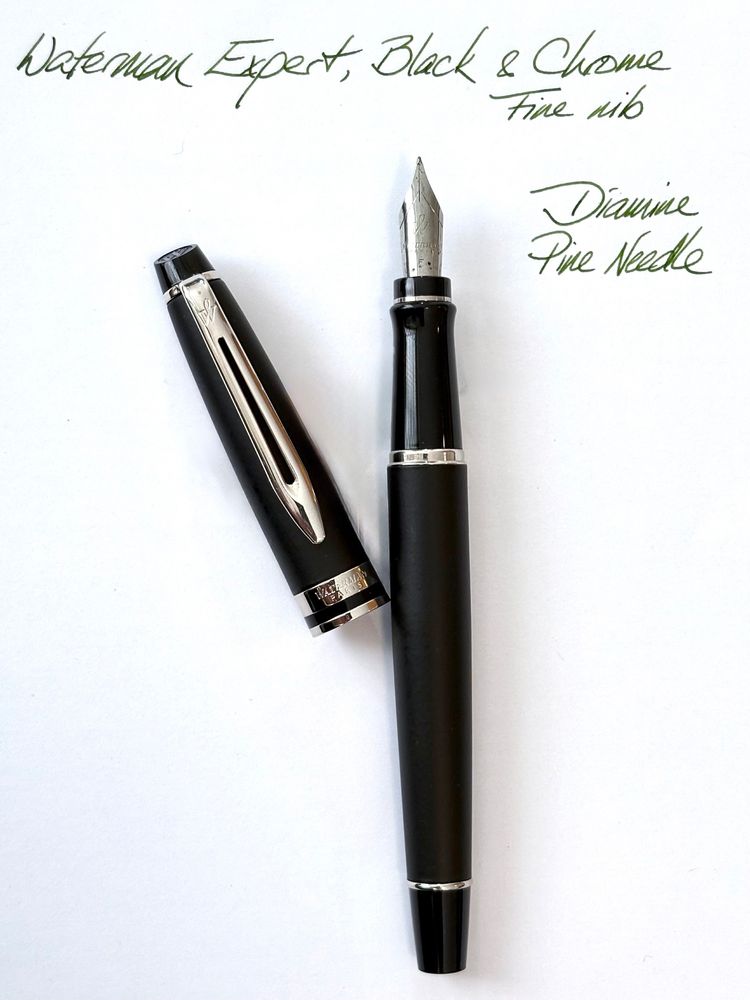 Waterman Expert fountain pen with a matte black finish, with chrome furniture (and glossy jewel and tassie). The pen is inked with Diamine Pine Needle ink.