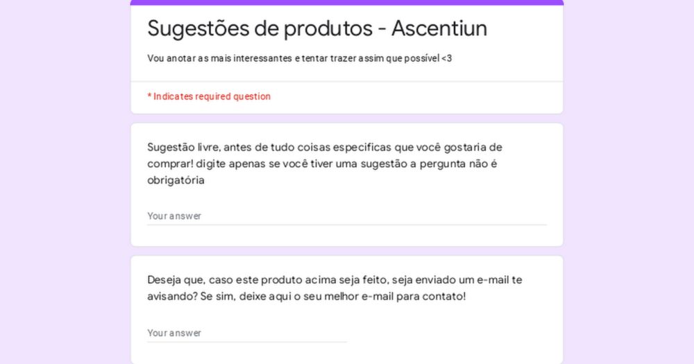 Sugestões de produtos - Ascentiun