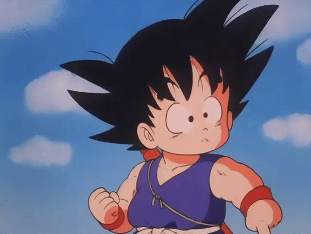 a cartoon character named goku stands in front of a blue sky with white clouds