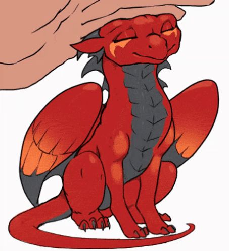 a drawing of a red dragon with a black tail