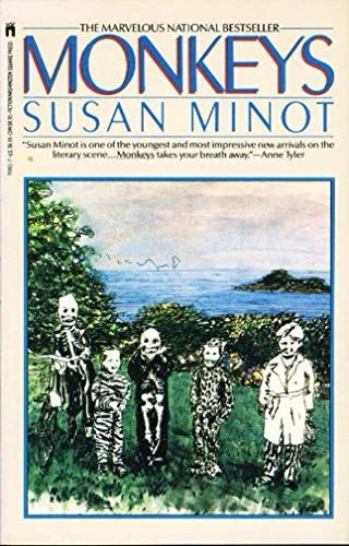 Cover of _Monkeys_, Susan Minot. Below the title and author, an illustration of five kids in Halloween costumes. The children are in black and white but the background, a yard giving out to water, is in colour.
