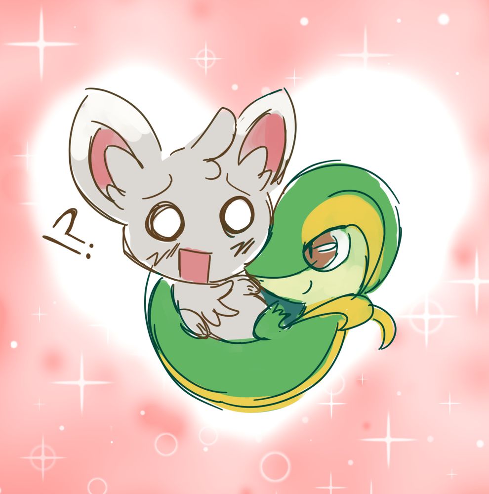 Snivy wrapped around a shocked and scared Miniccino. He thinks she is going to eat him.