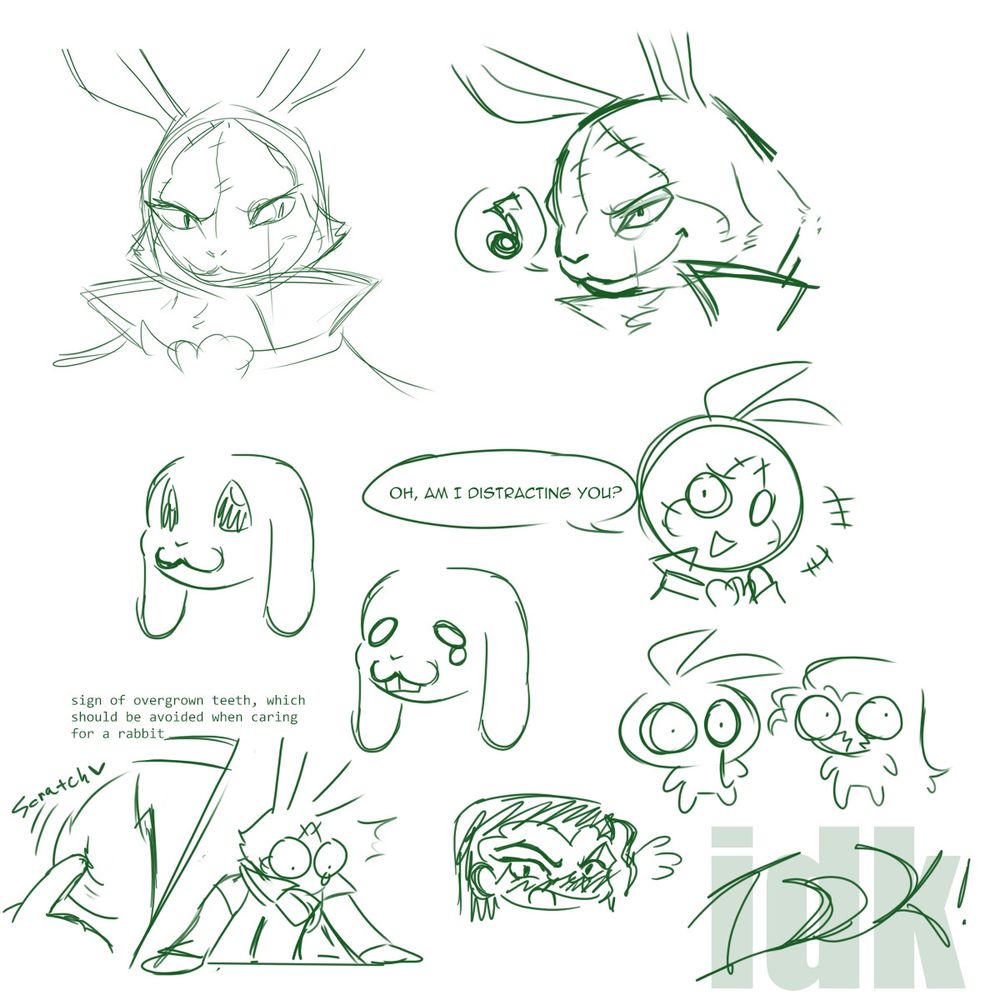 doodles of white rabbit. left side from up to down: 1. White Rabbit in an attempt of drawing his front profile correctly.  2. Showing an example of a cute, lop earred bunny with a regular, healthy face compared to it's overgrown buck teeth.  3. White Rabbit with his hands on the table looking comically surprised at the feeling of someone scratching his tail.  Top right to bottom: 1. White Rabbit being all smug. 2. Chibi White Rabbit being haughty. 3. Chibi White Rabbit and Unmasked White Rabbit  Bottom Center: Unmasked White Rabbit being flustered.