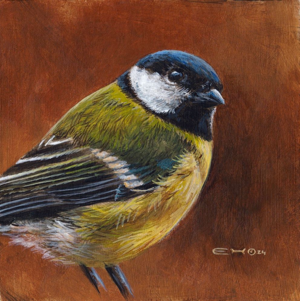 Painting of a titmouse The bird is seen from the right side, head, and body in the frame. It has a yellow stomach and chest, greenish wings and a black mask and beak, with white cheaks. The painting style is loose, yet detailed