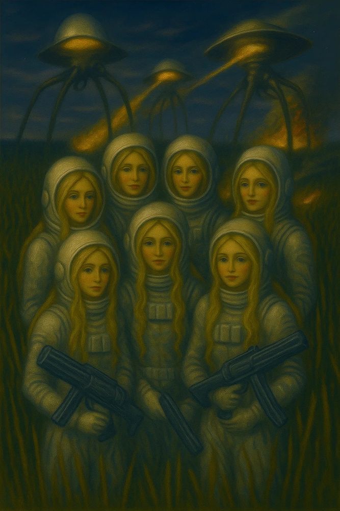 Seven women in identical pale space suits with long golden hair stand close together in a dark field, their expressions calm yet resolute. Each holds a futuristic gun. Behind them, towering metallic tripods with glowing domes stride across the night sky, emitting fiery beams that set the landscape ablaze. The lighting casts a surreal, painterly glow, blending science fiction and mysticism, evoking themes of unity, invasion, and quiet defiance amid otherworldly destruction.
