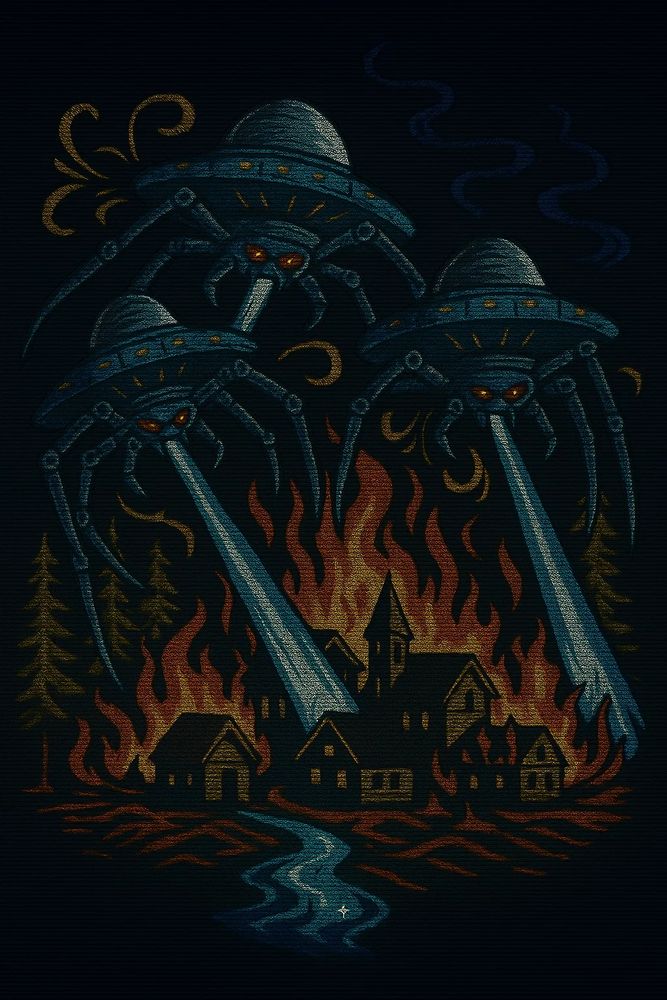 The image depicts three giant mechanical tripods attacking a village. Each towering machine has a domed metallic top with glowing orange eyes and emits bright blue energy beams that set the town ablaze. The flames engulf wooden houses and trees, while a river in the foreground reflects the destruction. The dark, embroidered-like texture and stylized details give it a vintage, tapestry feel reminiscent of *War of the Worlds*—a dramatic, apocalyptic invasion rendered in striking color contrasts.
