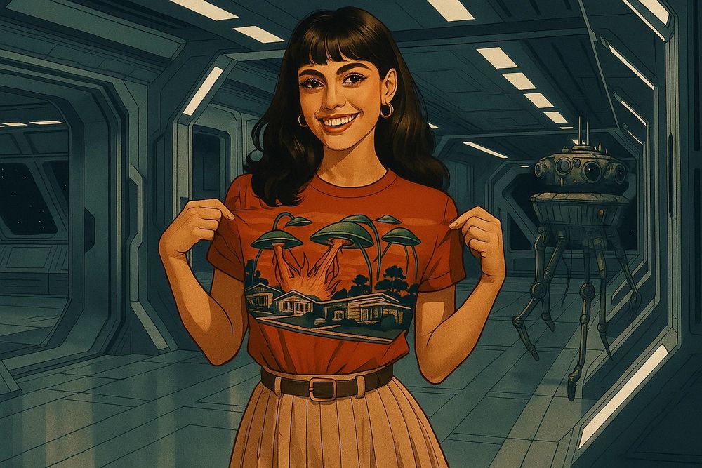 A smiling woman stands in a futuristic spaceship corridor, illuminated by cool, metallic lighting. She has shoulder-length dark hair and wears gold hoop earrings, a pleated skirt, and a red T-shirt featuring a vivid print of UFOs beaming down on suburban houses. She proudly holds the shirt’s fabric to display the design. Behind her, a hovering robot with spindly legs adds to the sci-fi atmosphere, blending retro-futuristic style with a warm, nostalgic color palette.
