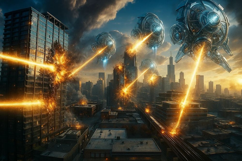 The image shows a futuristic city under attack by large, metallic alien ships hovering above the skyline. Each ship fires powerful orange energy beams that strike skyscrapers, causing massive explosions and sending debris flying. Smoke and flames rise across the city as destruction spreads through the buildings. The scene is bathed in dramatic lighting, with the setting sun casting an orange glow through the chaos, blending science fiction elements with cinematic intensity.
