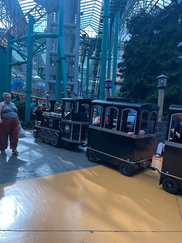 A tiny train going through the mall of america