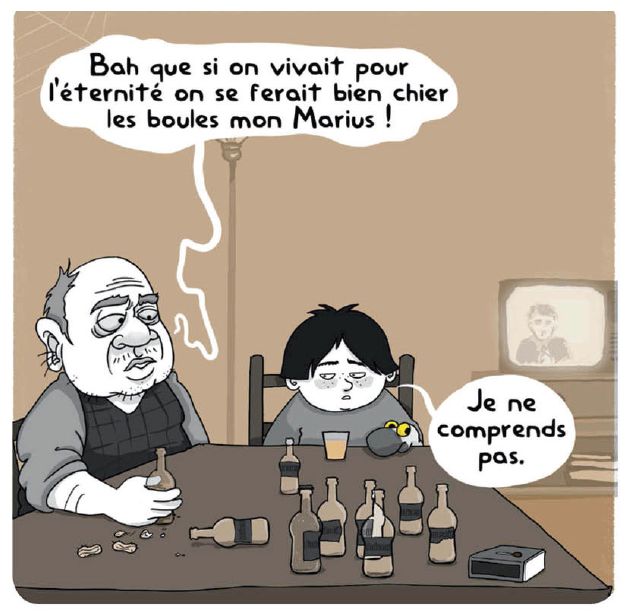 Extrait de la BD Marius et Kapou, conversation entre Marius et son Papi.