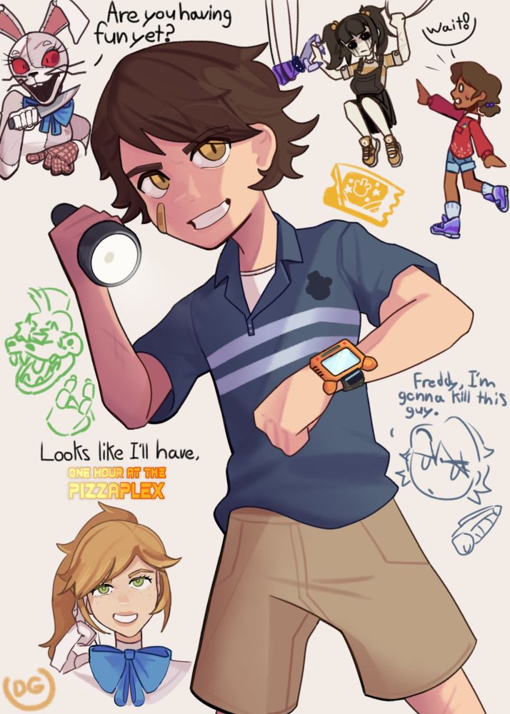 It's a drawing flooded with doodles. The main being a full body drawing of Gregory from FNaF, he's smiling while holding a flashlight. His arm is up with his Faz-Watch on. Side doodles include Vanny holding a knife up to her throat, Vanessa in her Vanny suit, referencing the hit game One Hour at the Pizzaplex! And finally a drawing of Cassidy and Cassie.