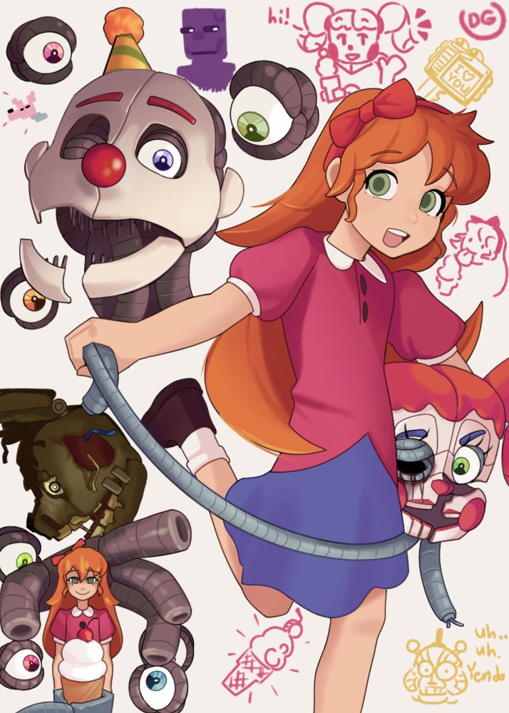 It's Elizabeth Afton holding Baby's head, wires pulled out to her side. Ennard's head is behind her masked in shadows and in the corner is a doodle of Elizabeth in front of Baby, and her ice cream. With Ennard's hand surrounding her and Springtrap lurking in the back. The entire page is covered in colored doodles, Michael Afton, Hand Unit saying I love you and drawings of Baby and Elizabeth