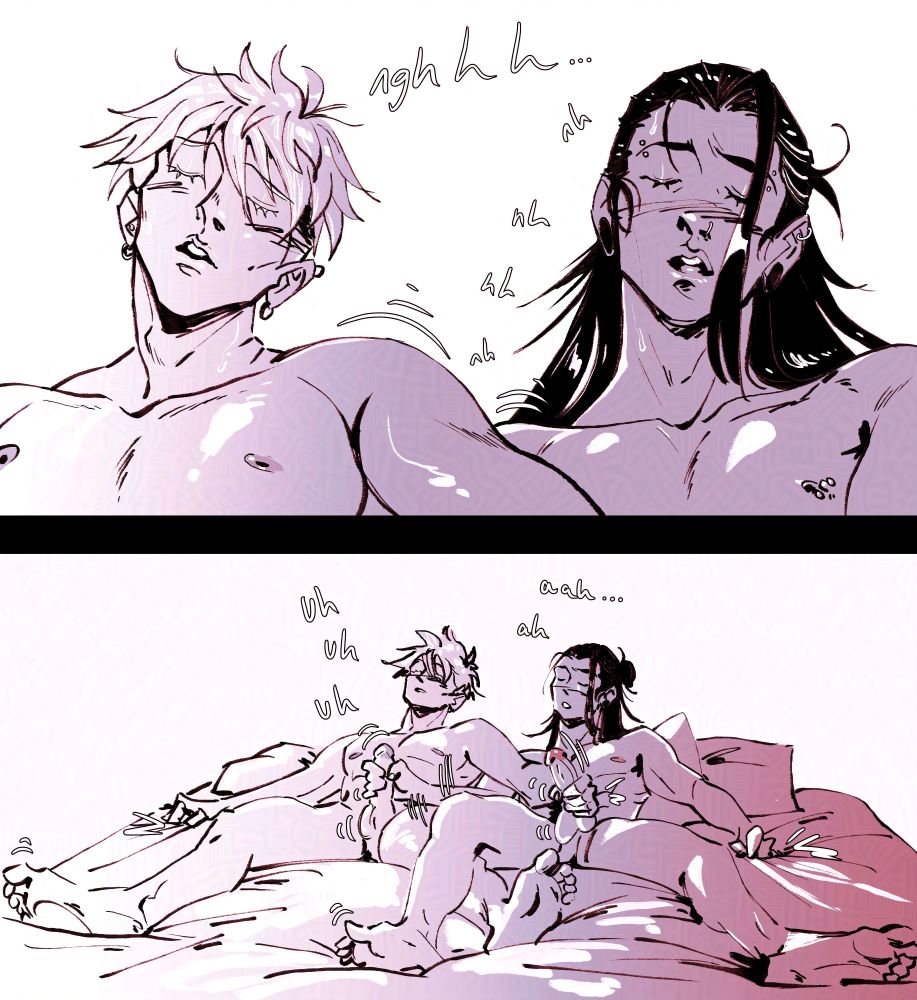 a yaoi drawing comic fanart of Satoru Gojo and Suguru Geto from Jujutsu Kaisen pleasuring each other NSFW