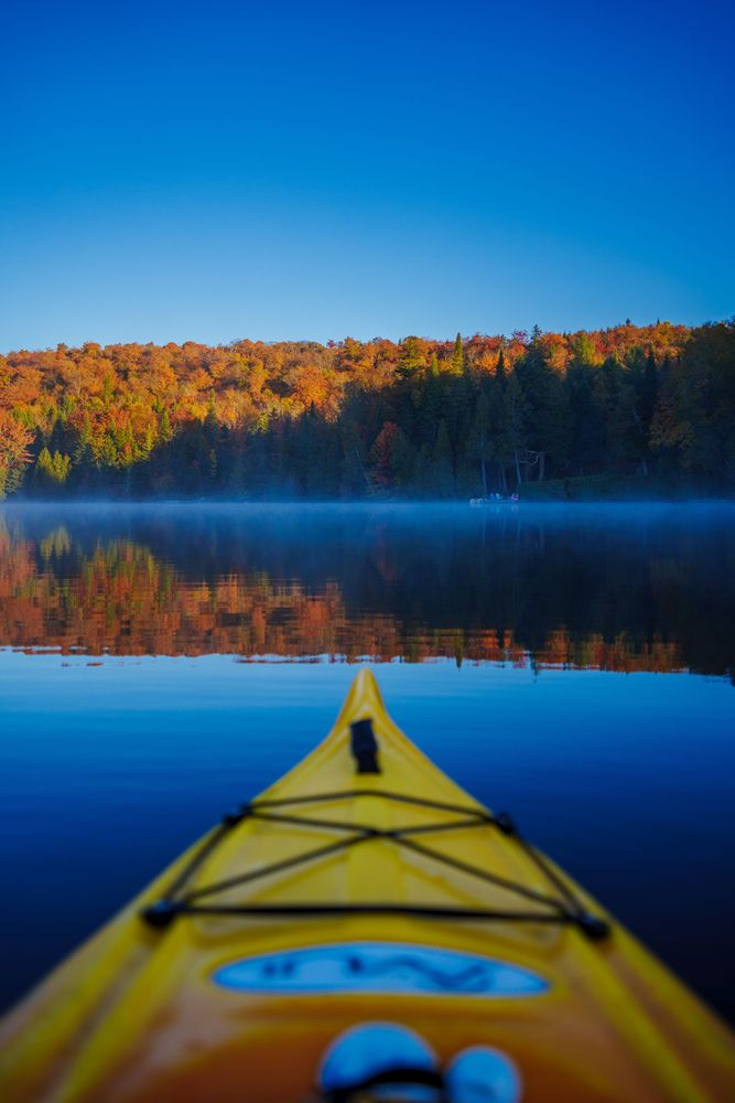 View from a yellow kayak towards a colorful tree-lined shore, with calm water and gentle mist.