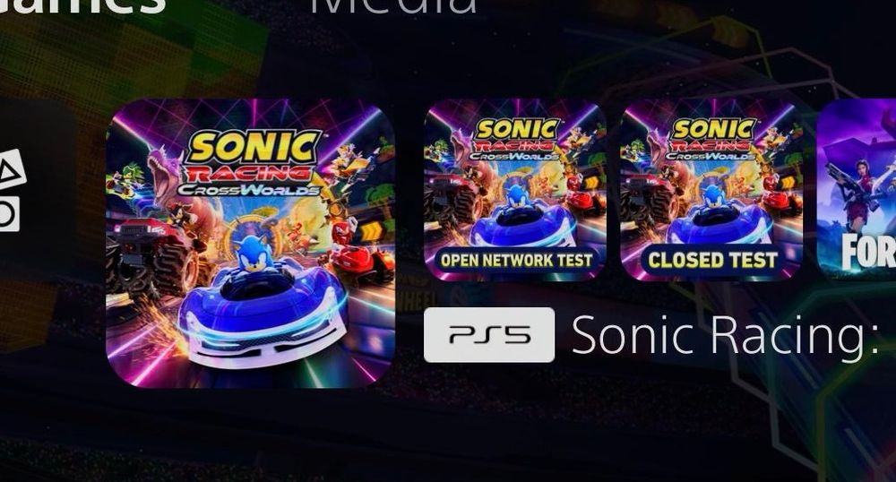 a screenshot of PS5 dashboard showing Sonic Racing Crossworld, the open network test, and the closed test side-by-side