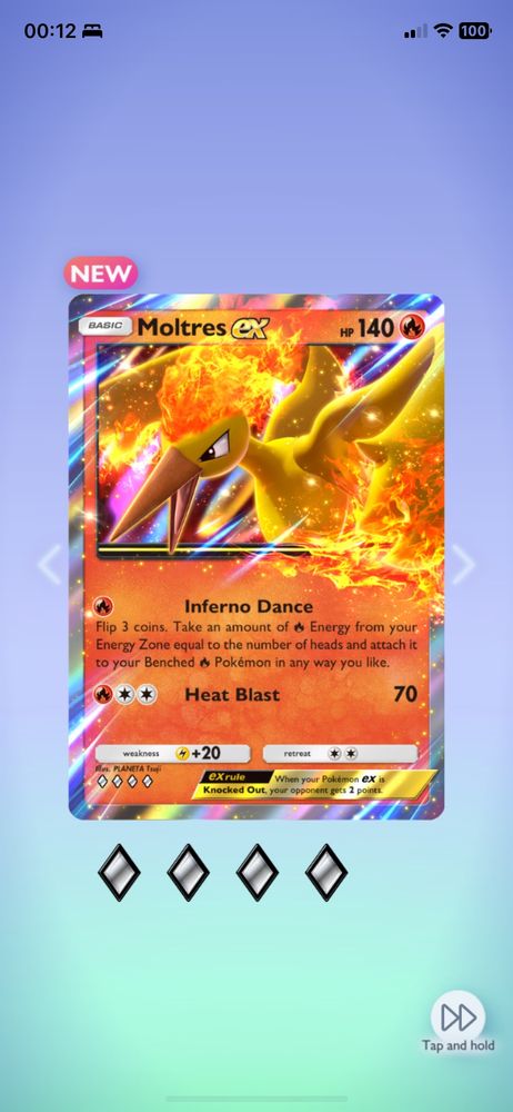This image displays that this user obtained a rare Moltres EX card from the Pokemon TCGP mobile game.