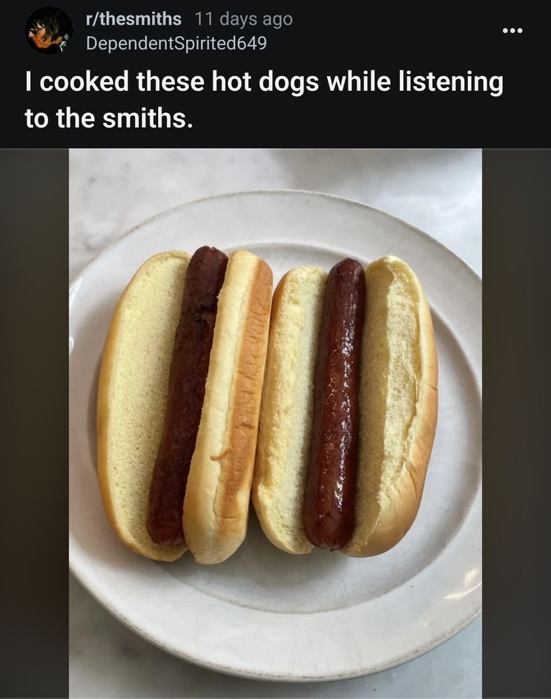 Reddit post from r/thesmiths, a plate of two hot dogs. Caption: I cooked these hot dogs while listening to the smiths.