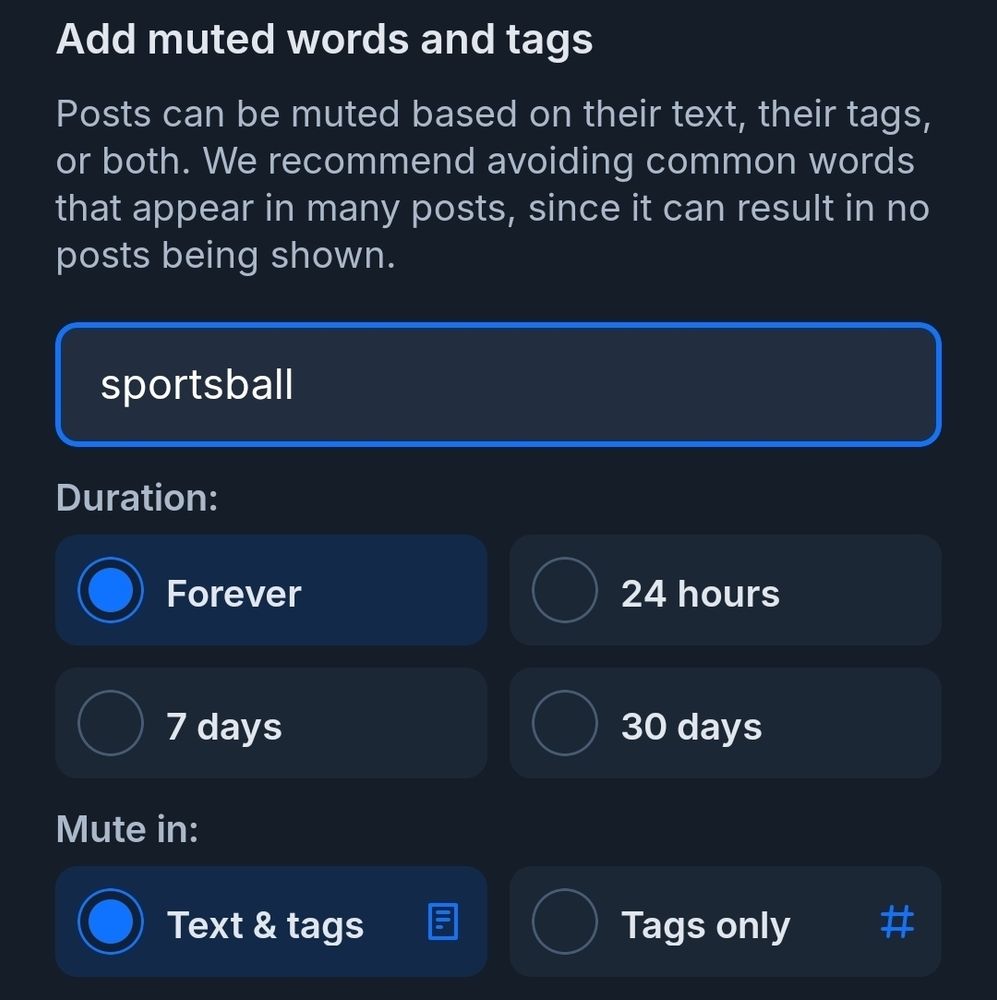 The bluesky "add muted words and tags" page with "sportsball" in the text field.