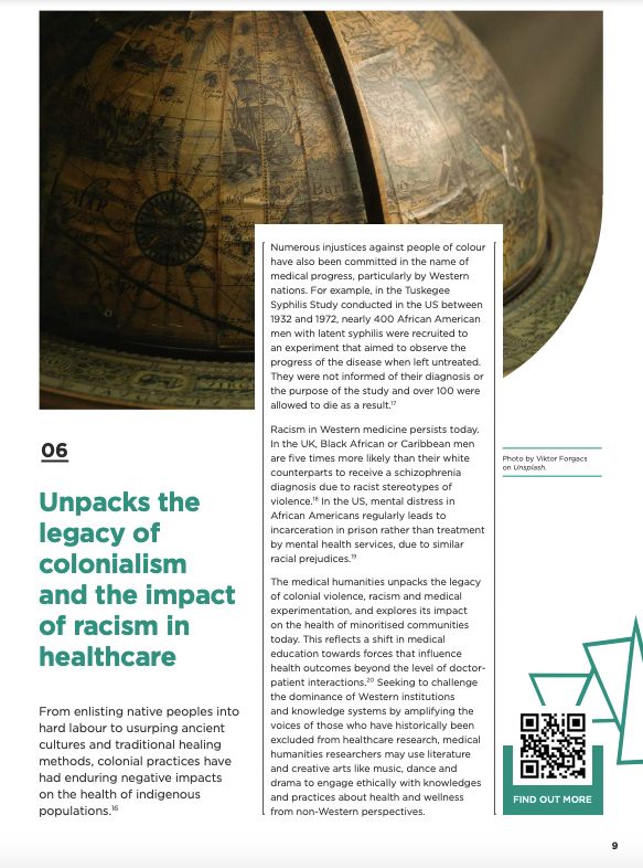 A vintage globe. The text reads: 'Unpacks the legacy of colonialism and the impact of racism in healthcare'