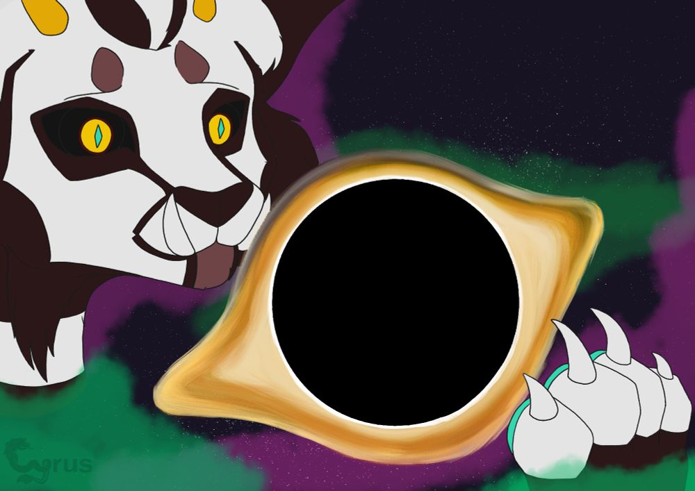 A larger than life could imagine sized shape shifter in the form of a feline with yellow eyes - named Manefest - appears as this Singularity, or Black Hole, gently sucks in light from the nebula around it. The Otherworldy creature is to scale with a supermassive black hole, and gently cradling it with a paw that spans a galaxy