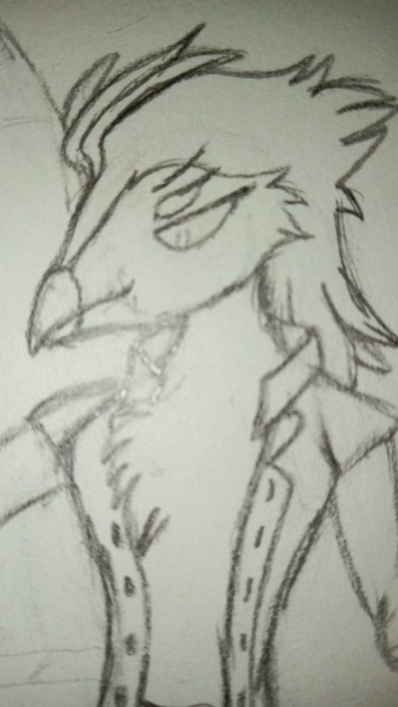 A close up picture of a sketch of an Ars Goetia OC (original character) done with graphite on off-white Strathmore Sketchbook paper. The birdlike demon has a swept back mullet of headfeathers and wears an open collared suit cloak. Drawn by CyrusMaelstrom 