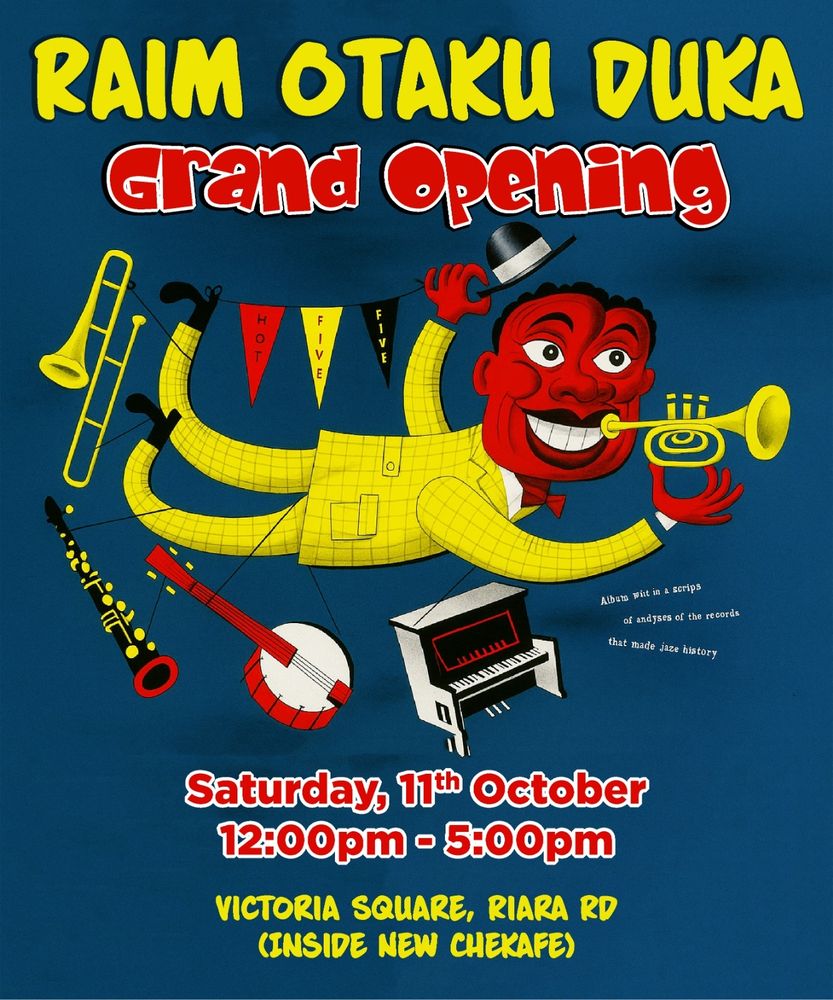 The image shows a stylized cartoon drawing of a red-faced, red-skinned man in a bright-yellow, plaid suit. He appears to be floating or flying above a piano. He is holding a trumpet in one hand and a hat in the other. He has a banjo, and clarinet, and a trombone hanging off of his legs by straps, and a banner that reads "Hot Five Five" strung between his hand and his foot.