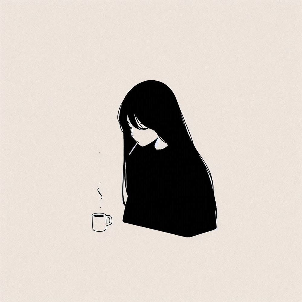 Morning coffee, black and white sketch with a warm smoking cup of coffee