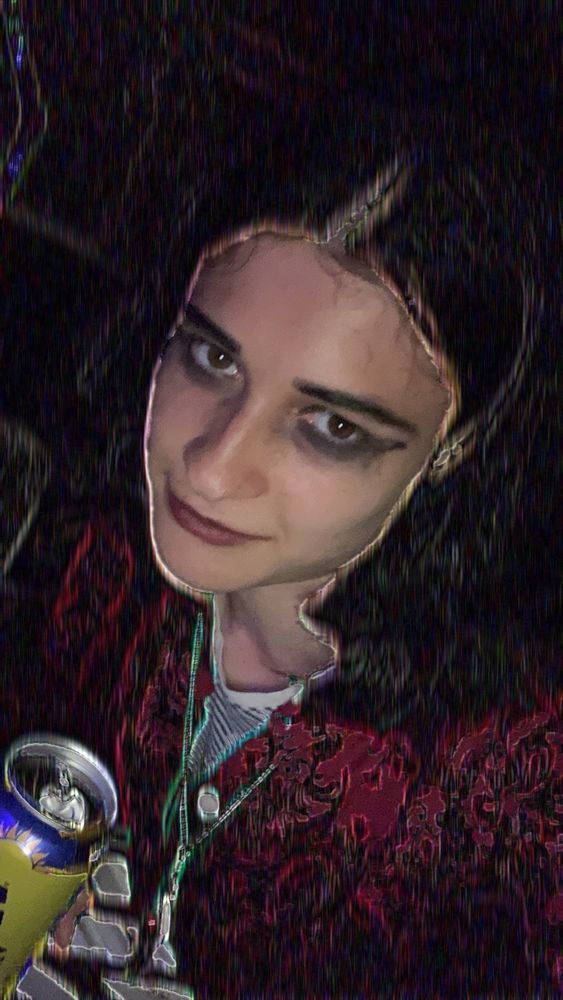 I aspire to make all kinds of music I like death rock, shoegaze, dream pop, (bard) folk, post punk, darkwave, vaporwave, future funk, disco, 80s jazz, experimental lofi hip hop, city pop, synthwave, I’m a big fan of video game soundtracks including skyrim, legend of Zelda skyward sword, romantic music, impressionism music, if I could I would go to see live musicians play music at a coffee shop or a dive bar if I wasn’t so busy all the time. 
A lot of my edits are considered to be “trippy” but sometimes they can seem like they are from 16 bit video games. I have a lot of fun being gothic. 
I date girls, guys, and non binary folks. 
In this picture I was at a party dressed as a pirate vampire. All of my edits are made by me.
