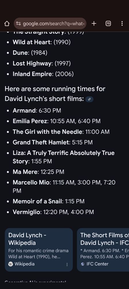 A list from AI of supposed run times of David Lynch films which instead shows show times of the films, somewhere but no context offered 