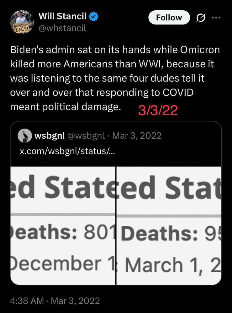 3/3/22:

Biden's admin sat on its hands while Omicron killed more Americans than WWI, because it was listening to the same four dudes tell it over and over that responding to COVID meant political damage.