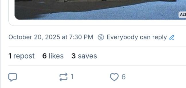 A close-up of a post from yesterday that says "1 repost 6 likes 3 saves"