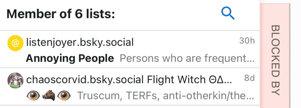 A cropped screenshot of Bluesky lists I’m on, including one by “chaoscorvid.bsky.social” named “👁️🐗👁️ Truscum, TERFs, anti-otherkin/therians” (Note: further text in the list name may be truncated)