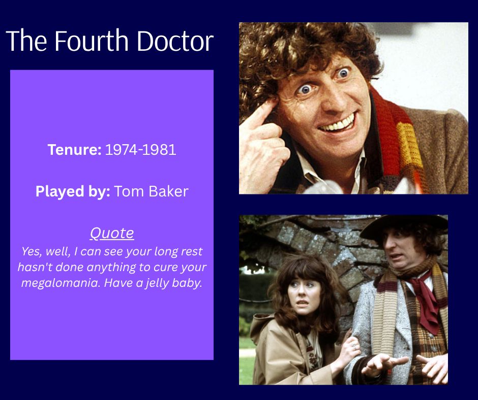 the fourth doctor, tenure 1974-1981, played by Tom Baker, quote yes well I can see your long rest hasn't done anything to cure your megalomania. have a jelly baby