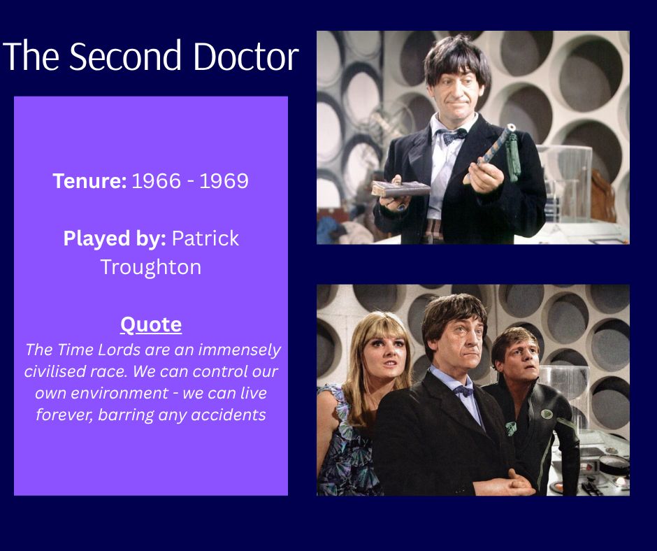 The second doctor, tenure 1966-1969, played by Patrick troughton, quote the time lords are an immensely civilised race. We can control our own environment we can live forever barring any accidents 