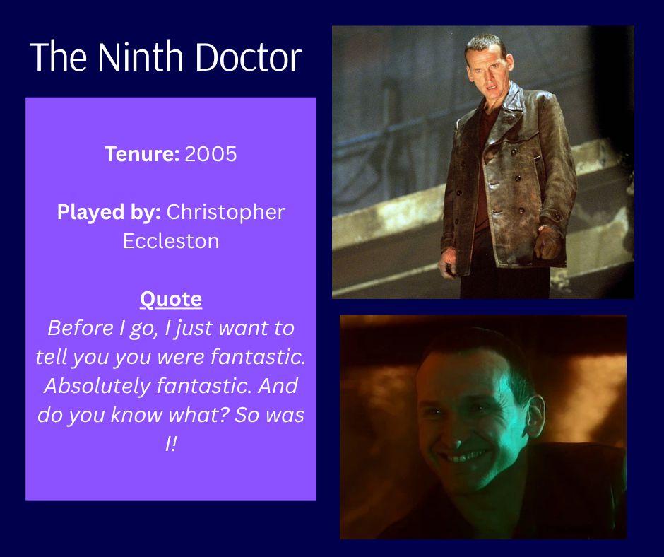 the ninth doctor, tenure 2005, played by christopher eccleston, quote before I go I just want to tell you. you were fantastic, absolutely fantastic. and do you know what? so was I