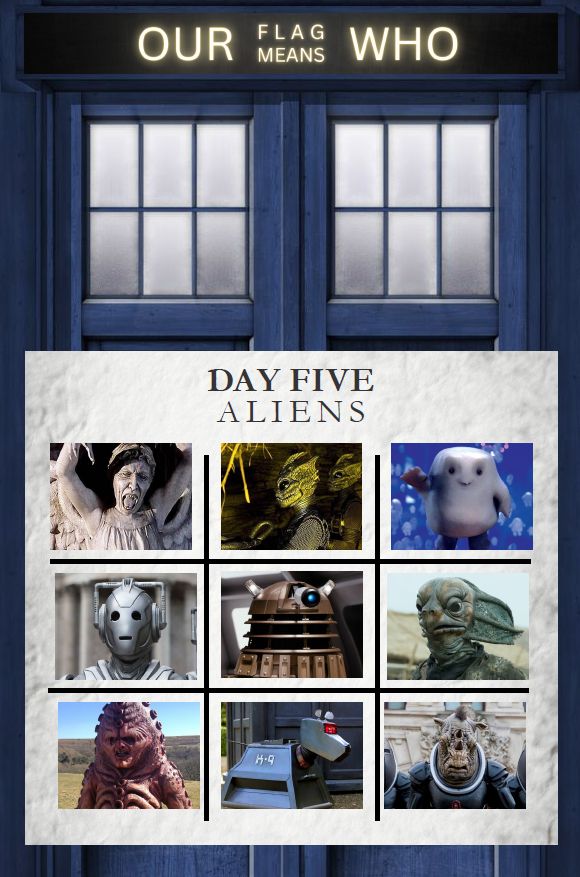 images of a weeping angel (a large grey statue), a silurian (reptile humanoid), an adipose (a small blob of living fat), a cyberman (metal humanoid), dalek (a large metal alien), sea devil (fish type humanoid), zygon (big red monster), K9 (robot dog) and the judoon (talking rhinos)